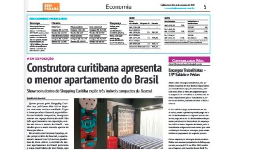 Notícia do Bem Paraná sobre o menor apartamento do Brasil