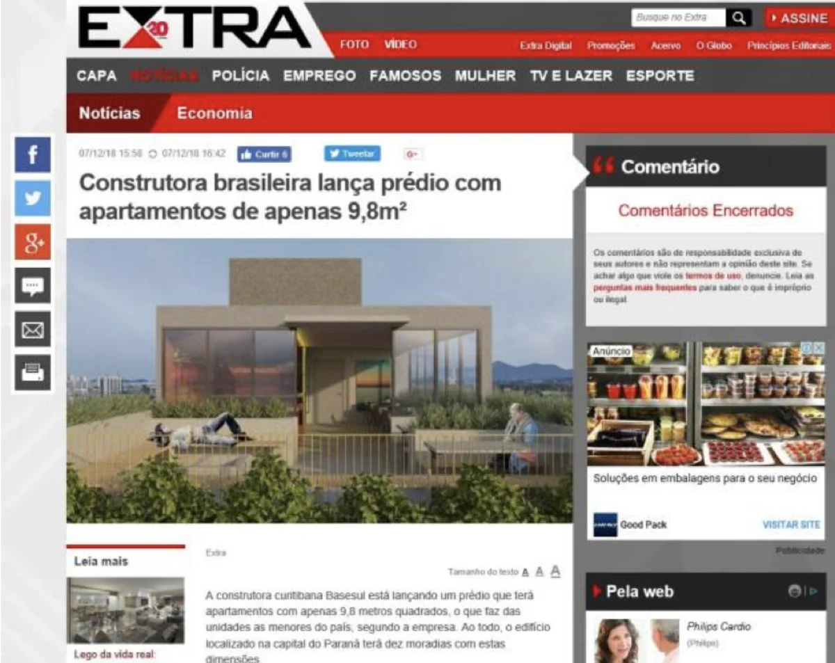 Notícia do jornal Extra sobre apartamentos de 9,8 metros quadrados