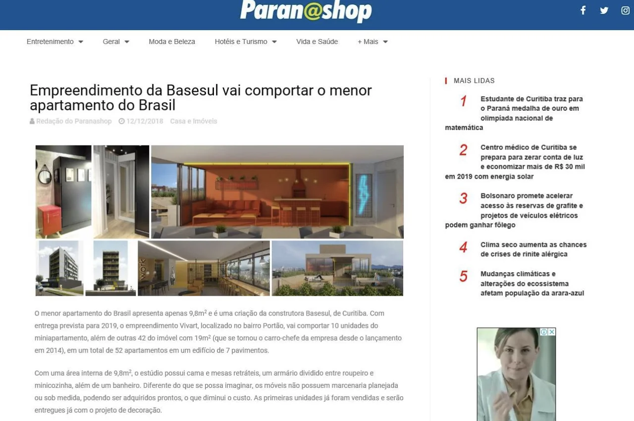 Notícia do Paraná Shop sobre o menor apartamento do Brasil