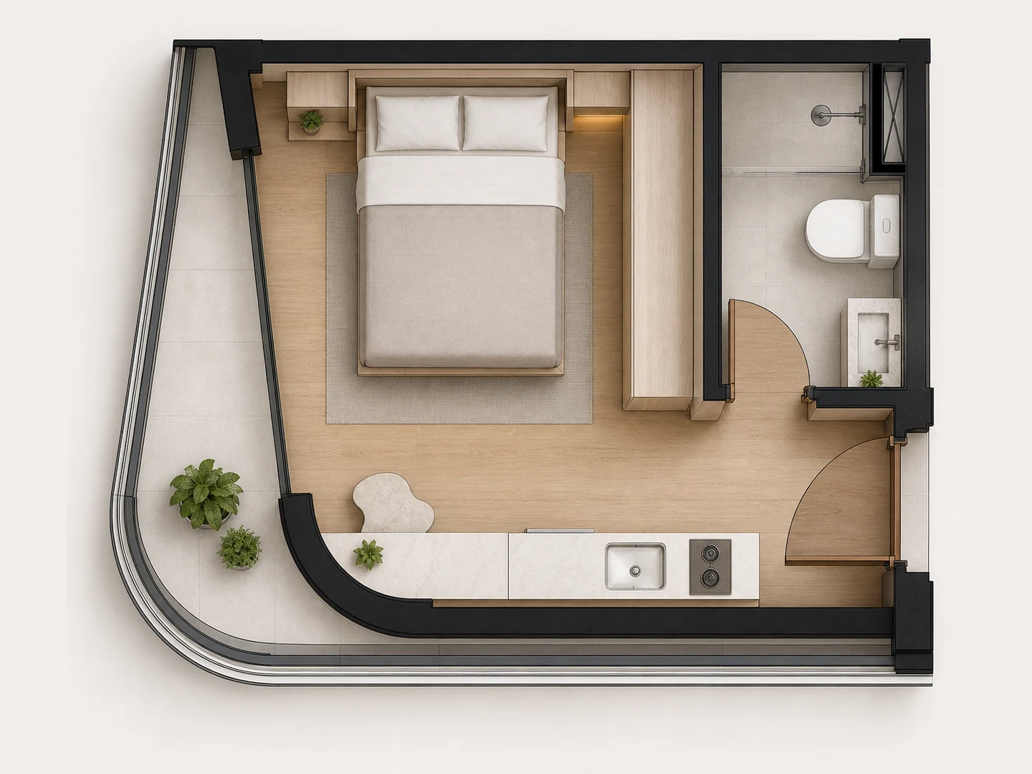 Planta humanizada de studio com sacada curva, sem legendas