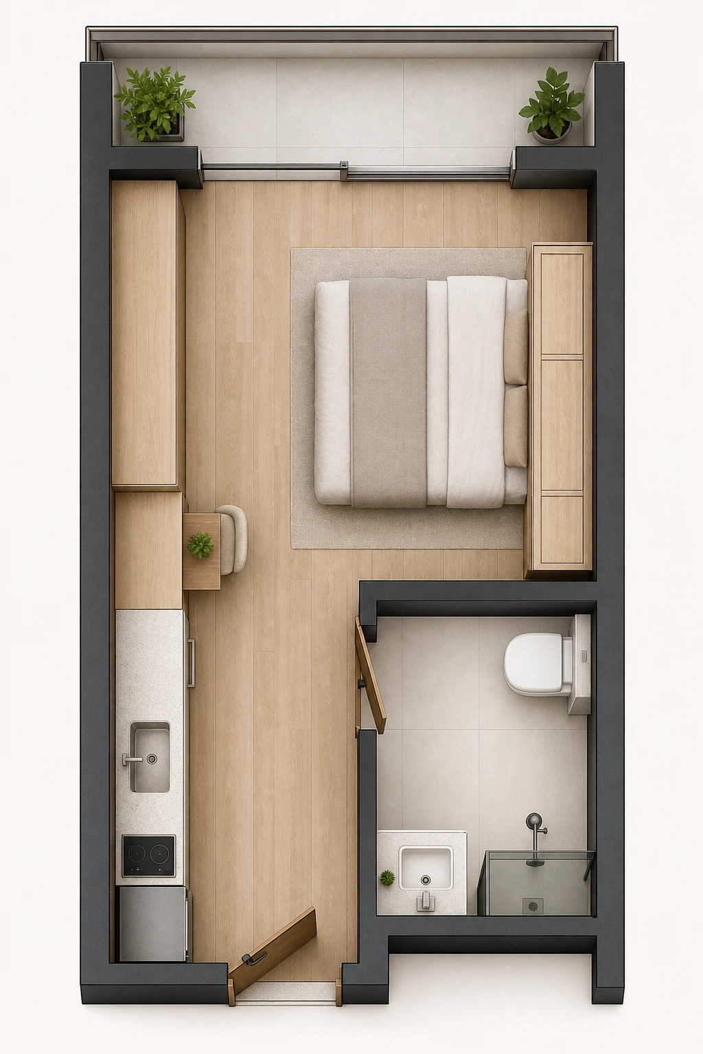 Planta humanizada de studio com sacada linear, sem legendas
