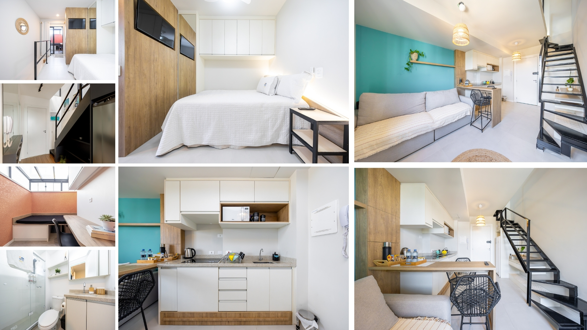 Composição com dormitório, sala, cozinha, escada, banheiro e área externa de uma segunda cobertura duplex decorada