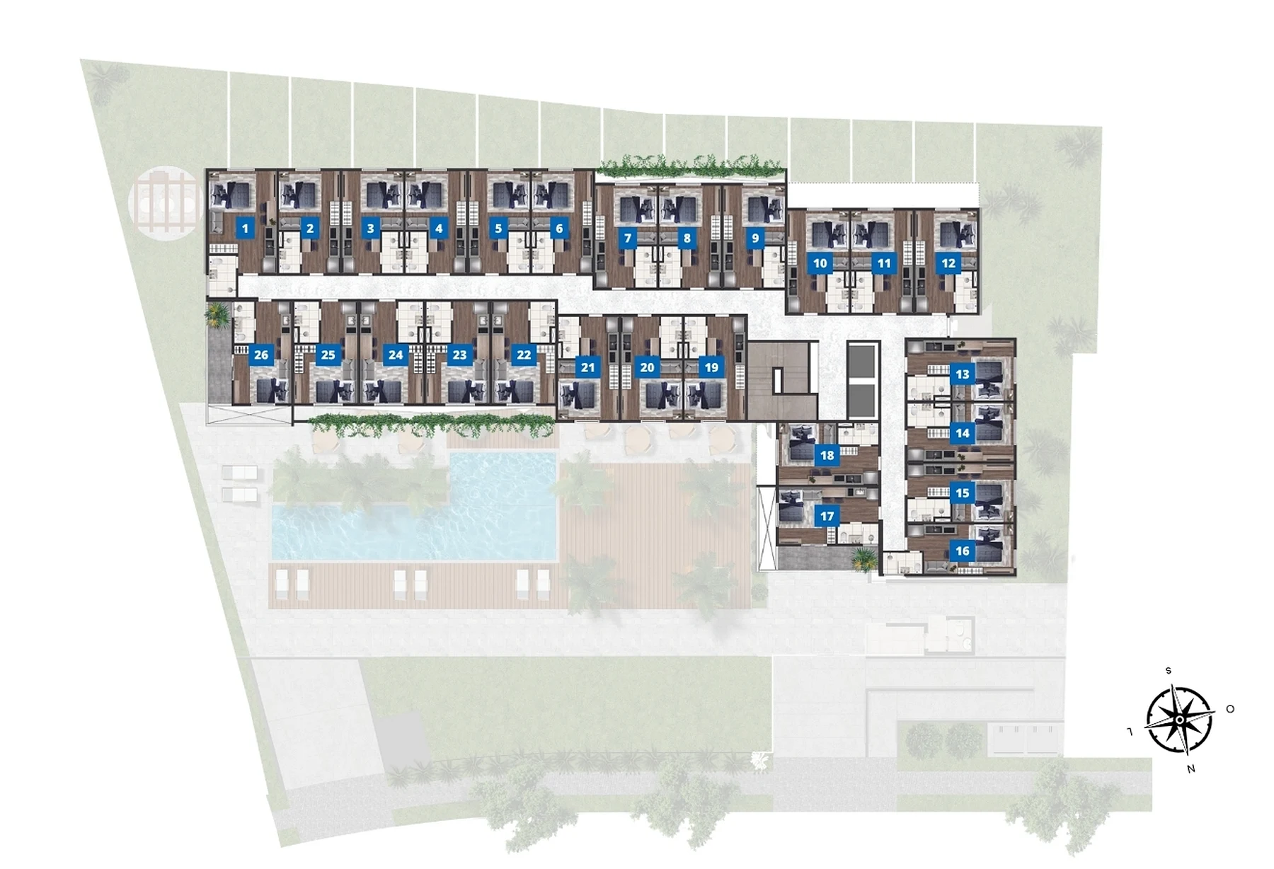 Implantação do pavimento tipo do One House com unidades e piscina