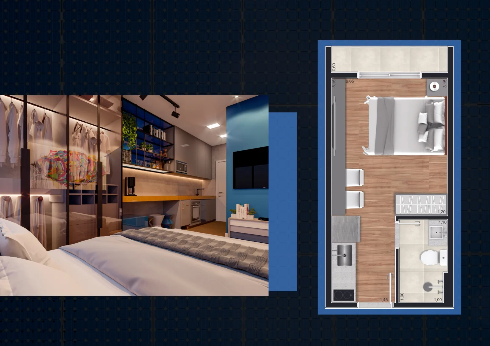 Estudo de studio decorado e planta do One Life