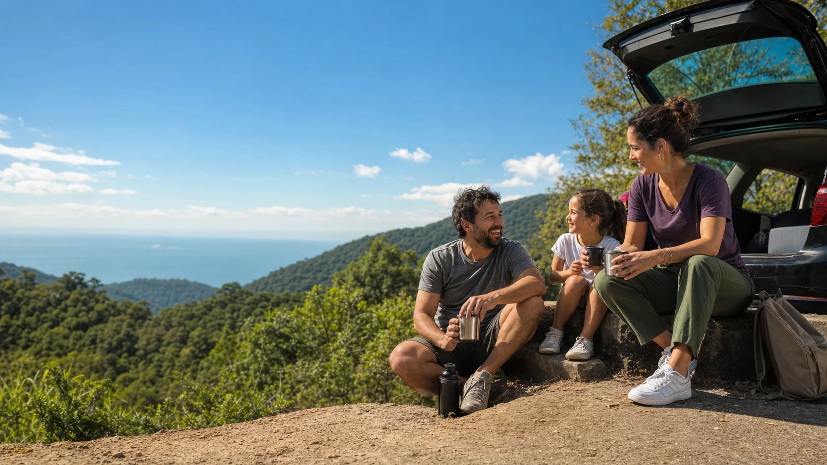 Família reunida ao lado do carro durante uma viagem pela serra, com vista para o mar.