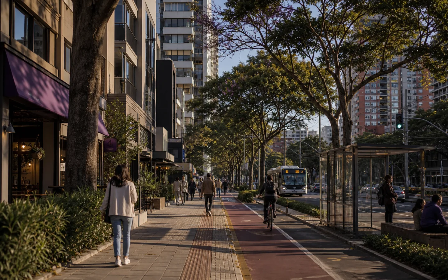 Rua arborizada de Curitiba com comércio, transporte público, ciclovia e pessoas em sua rotina.