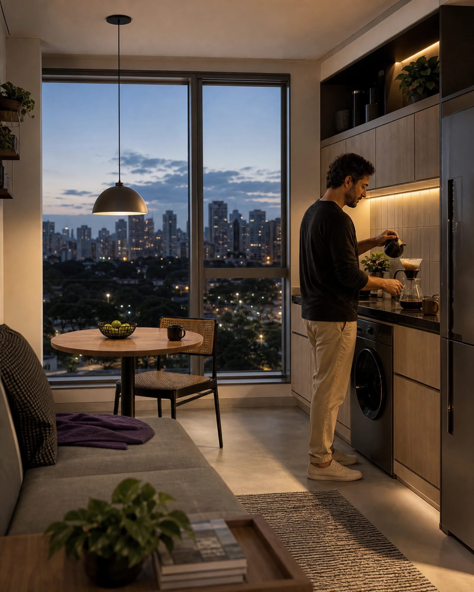 Apartamento compacto contemporâneo em Curitiba, com morador preparando café.